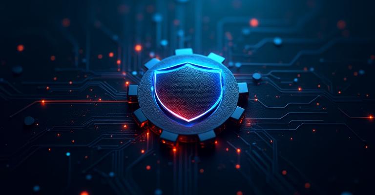 Representación abstracta de protección de datos y propiedad intelectual, mostrando un escudo digital sobre códigos binarios y engranajes metálicos.